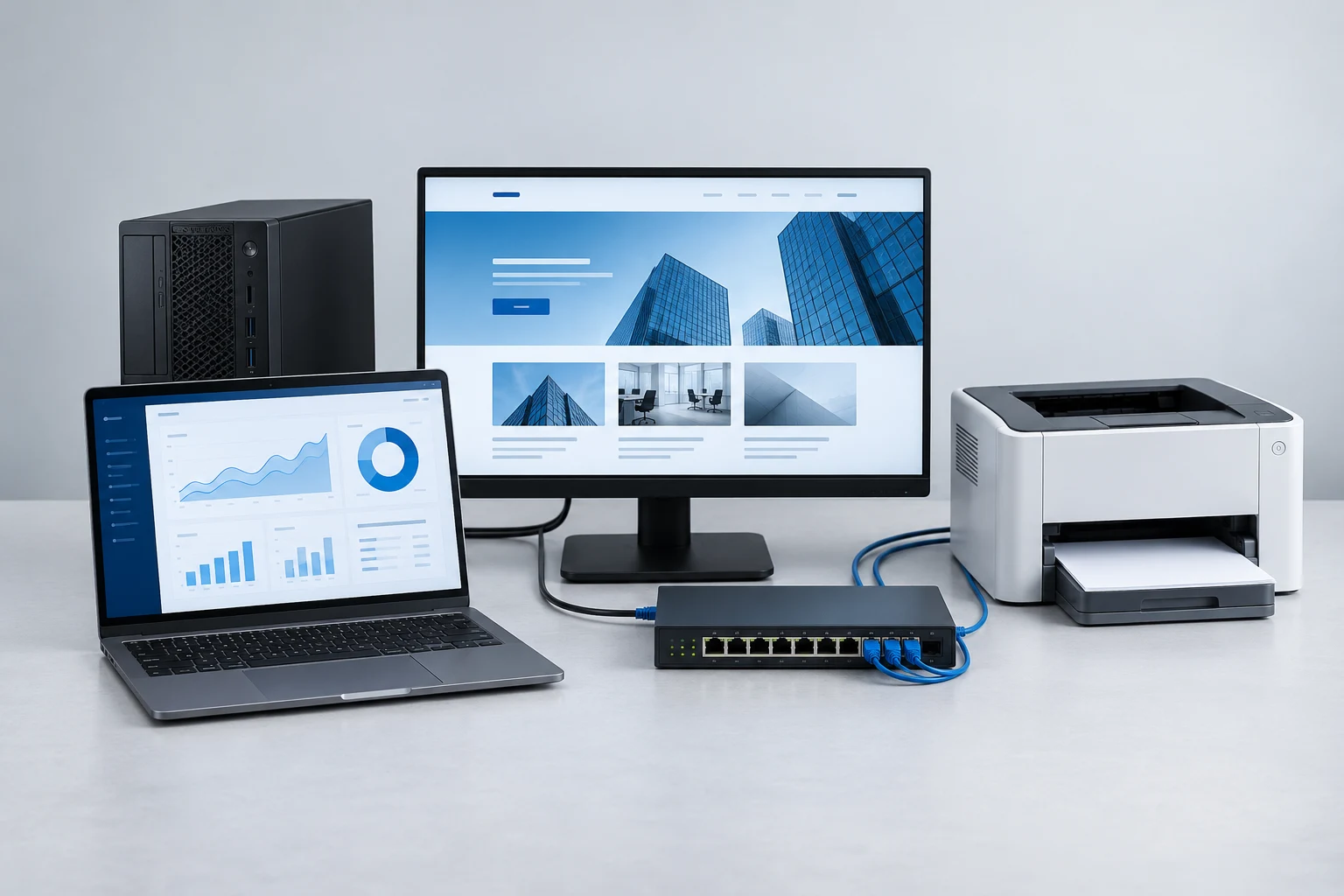 Illustrative business IT equipment: laptop, desktop, printer, monitor and network switch